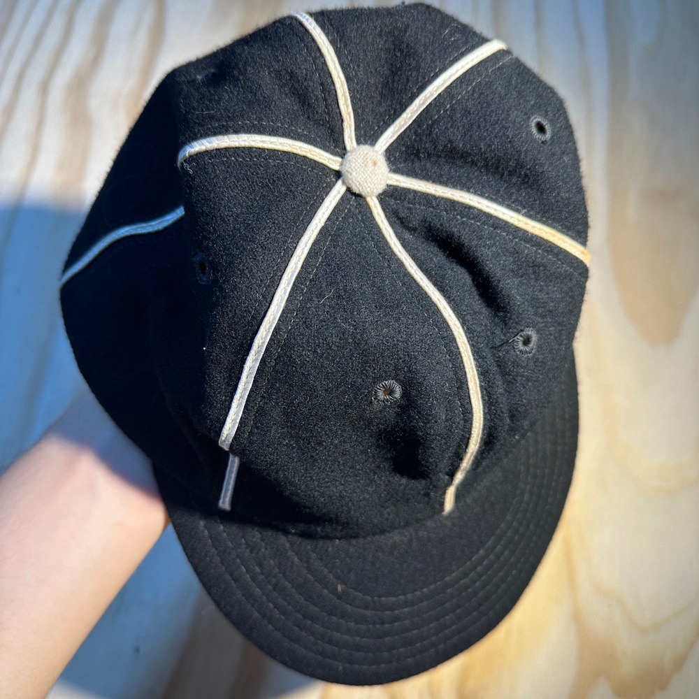 50s 60s Stevens Caps Vintage Black Wool Baseball Hat White Piping Size 7 1/4